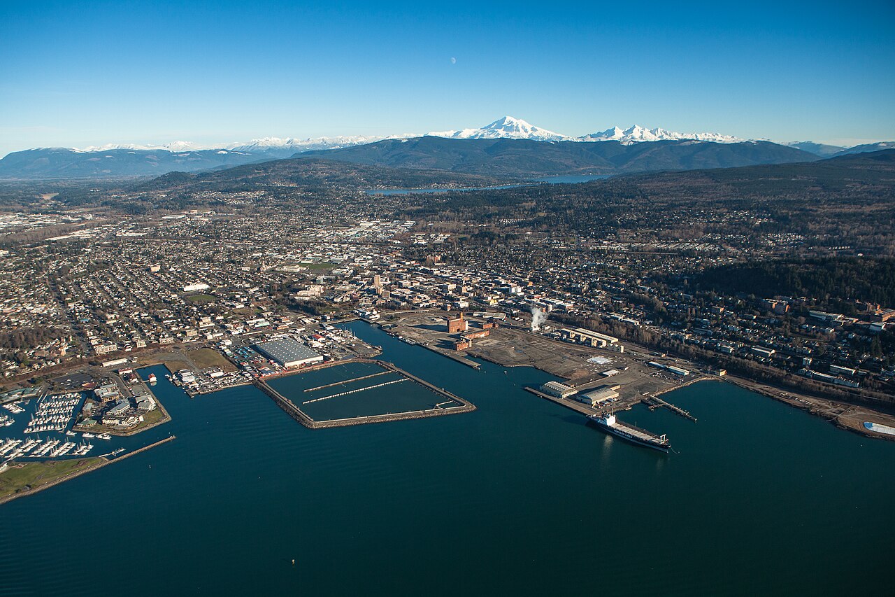 Aerial view of Bellingham, the bay and Mount Baker